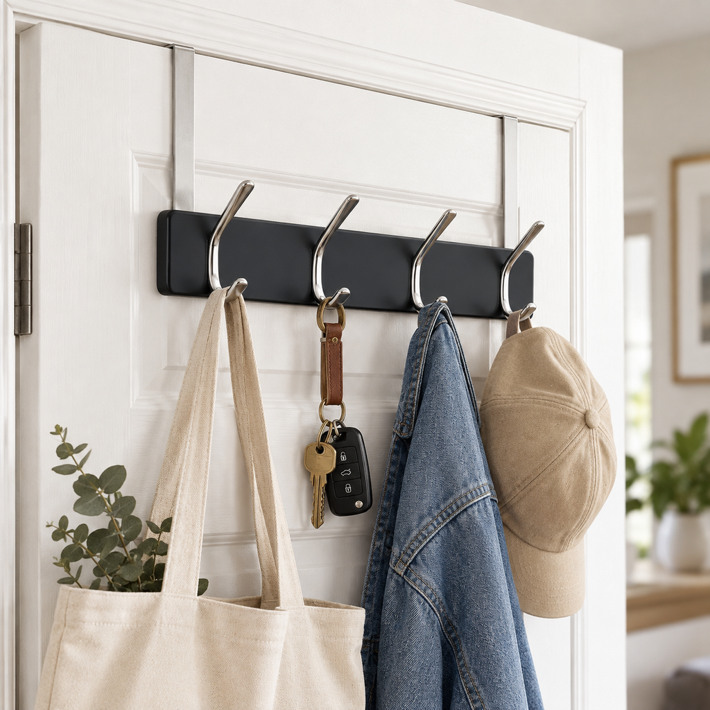 Melannco 18X6 Inch Over The Door MDF Coat Rack With 4 Silver Metal Hooks Black
