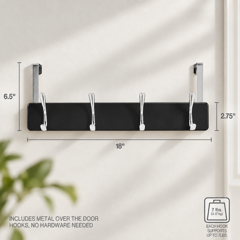 Melannco 18X6 Inch Over The Door MDF Coat Rack With 4 Silver Metal Hooks Black