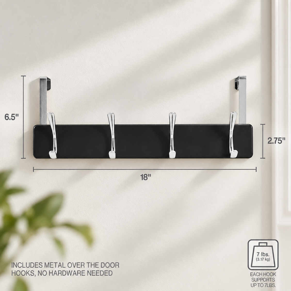 Melannco 18X6 Inch Over The Door MDF Coat Rack With 4 Silver Metal Hooks Black