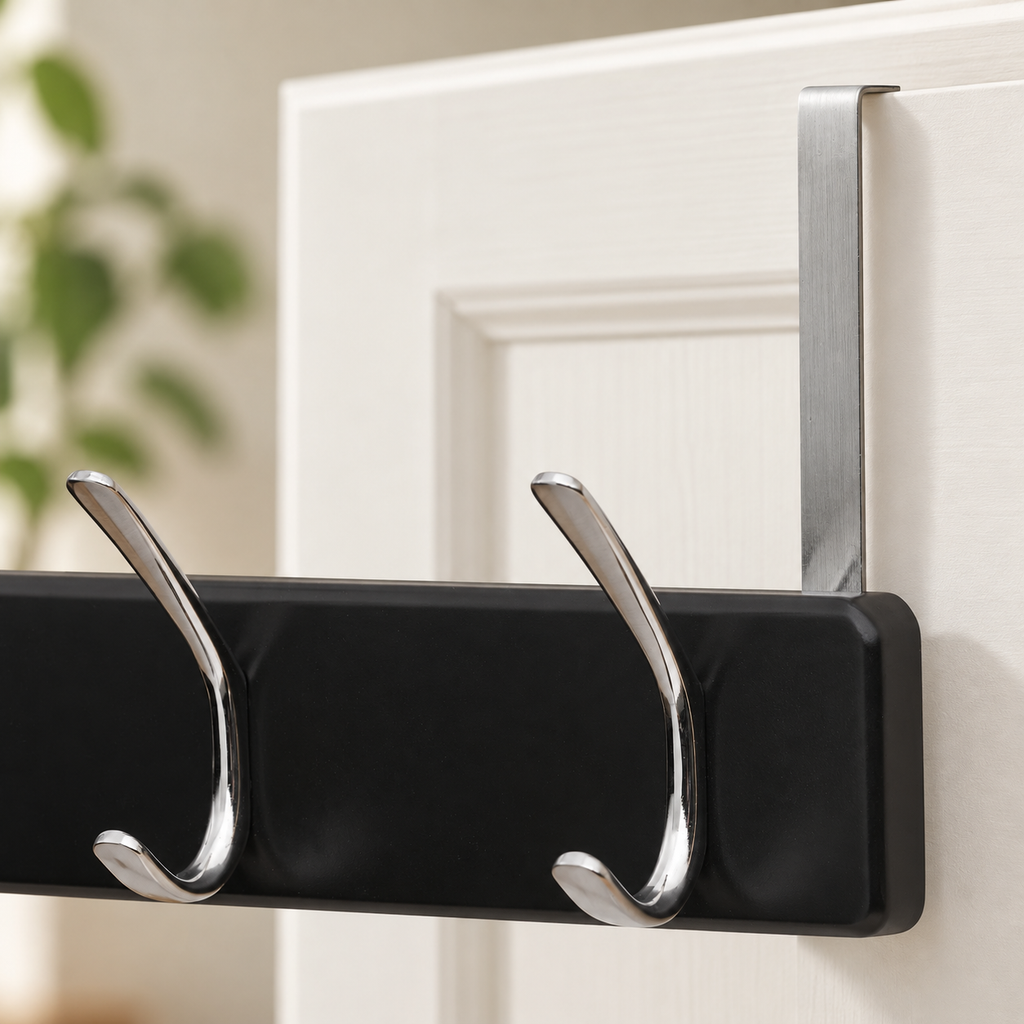 Melannco 18X6 Inch Over The Door MDF Coat Rack With 4 Silver Metal Hooks Black