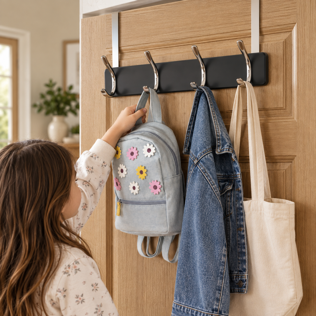 Melannco 18X6 Inch Over The Door MDF Coat Rack With 4 Silver Metal Hooks Black